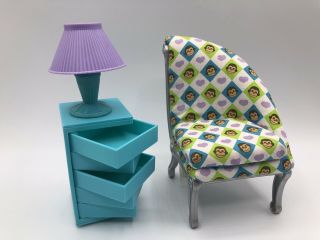 Barbie Fashion Fever Room " Go Bananas Chair " Monkey Pattern Teal Cabinet Drawers