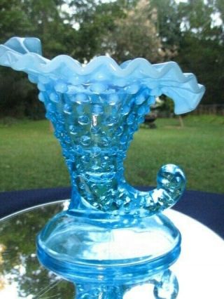 B - Fenton Glass Blue Opalescent Cornucopia Hobnail Candle Holder Impressive 5.  5 "