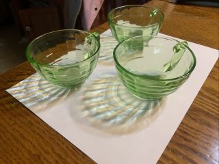 3 Anchor Hocking BLOCK OPTIC GREEN FANCY HANDLE CUPS Hold 6 Oz. 3