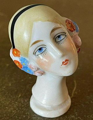 Antique German Porcelain Half Doll Pretty Flapper Blonde Head Pin Cushion Top