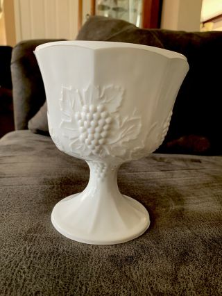 Vintage White Milk Glass Pedestal Compote Bowl Grape & Leaf 7” Tall 5” Wide Euc