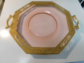 Vintage Pink Depression Glass Cake Plate With Gold Trim