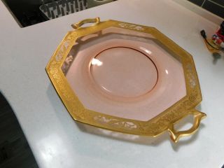 VINTAGE PINK DEPRESSION GLASS CAKE PLATE WITH GOLD TRIM 2