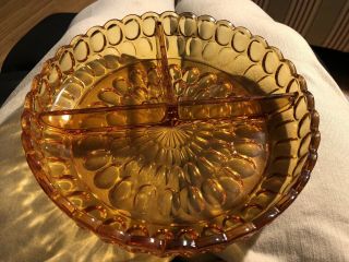 Vintage Amber Gold Thumbprint Glass Divided Candy Relish Dish 3 Section