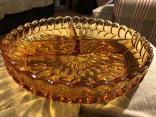 Vintage Amber Gold Thumbprint Glass Divided Candy Relish Dish 3 Section 2