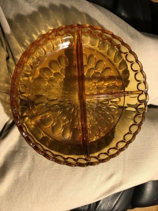 Vintage Amber Gold Thumbprint Glass Divided Candy Relish Dish 3 Section 3