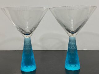 2pc Faceted Aqua Blue Modern Art Deco Martini Cosmo Drinking Glasses