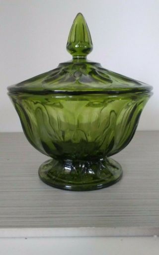 Indiana Glass Depression Green Covered Candy Dish Footed Vintage