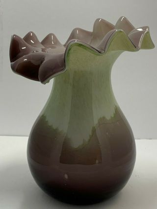 Purple & Green Hand Blown Vase Ruffled Edge Art Glass Vase 8 1/2” Tall
