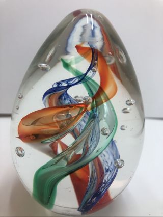Art Glass Paperweight Spear Egg Shaped W Spirals & Bubbles Multi Colors Smooth