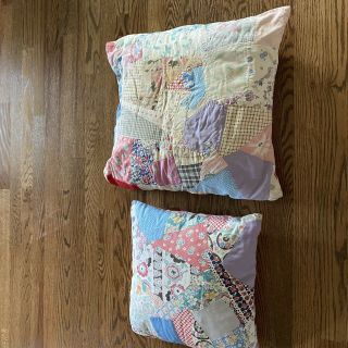 Vintage Handmade Crazy Quilt Remnant Pillows Flour Sack Feed Sack Set Antique