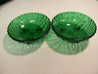 Vintage Pair Anchor Hocking Forest Green Bubble Glass 3 Footed 4.  5 " Berry Bowls