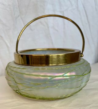 Vintage Green Art Glass Bowl W/brass Mounting & Handle Lötz/loetz Inspired