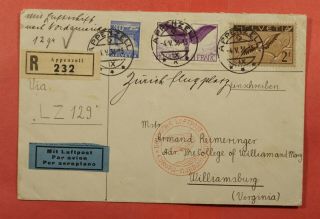 1936 Switzerland Hindenburg Zeppelin Flight Appenzell Registered To Usa