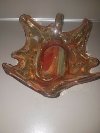 Murano Glass Swung Glass Cornucopia,  Orange And Clear Color.