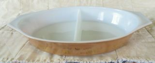 Vintage Pyrex Oval Divided Casserole Dish 1 1/2 Qt Early American Brown / Gold