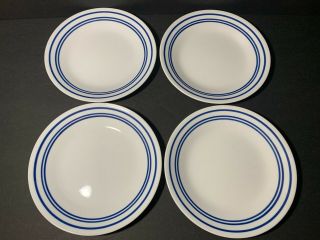 Set Of 4 Vintage Corelle Cafe Blue Bread Dessert Plates 3 Blue Stripes 6 3/4 "