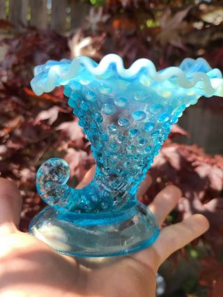 Fenton Aqua Blue Opalescent Horn Of Plenty Cornucopia Large Candy Or Candle Dish