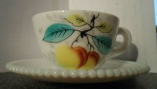 Westmoreland Milk Glass Beaded Edge Fruit Cup & Saucer Peaches