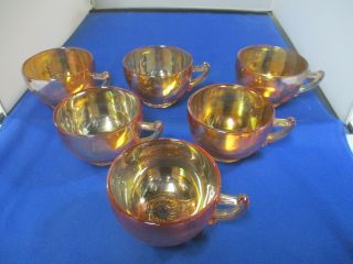 6 Vintage Jeanette Moderne Marigold Carnival Glass Punch Egg Nog Tea Coffee Cups
