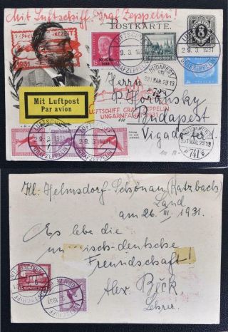 Germany To Hungary 1931 Zeppelin,  Unusual Airship Upu Stephan Flight Airmail Card