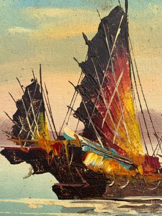 VINTAGE E.  CHAN SIGNED ASIAN SEASCAPE PAINTING SHIP CHINESE JUNK BOAT FRAMED ART 3