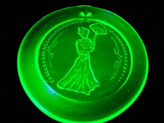 Green Vaseline Uranium Glass Christmas Ornament / X - Mas Glows Umbrella Woman Art