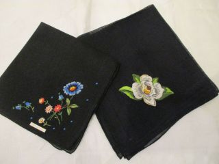 2 Vintage Black Hankies Hand Embroidered & Petit Point,  Mourning