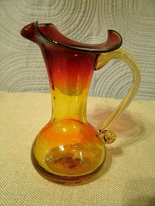Small Vintage Hand Blown Amberina Glass Pitcher/ Creamer/ Vase Ruffle Top