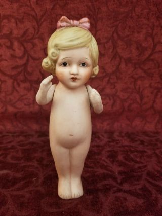 7 1/4 " Vintage / Antique Japan All Bisque Doll Molded Bow Strung Arms