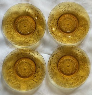 4 Tiara Indiana Sandwich Glass Amber Daisy Cup Saucers Plates