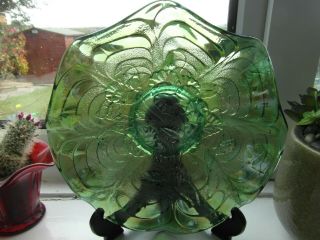 Green Rose Pattern Carnival Glass Bowl.  Eight Inches.