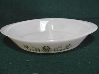 Vintage Glasbake Oval Divided Casserole Dish W/green Floral Pattern J2952