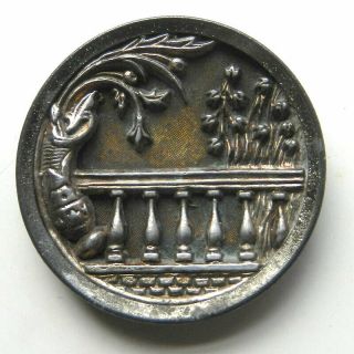 Antique Metal Picture Button Balcony With Plant Life 1 - 1/8 "