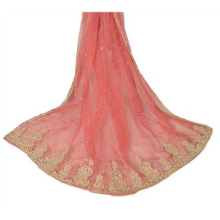 Sanskriti Vintage Dupatta Long Stole Net Mesh Pink Scarves Hand Beaded Veil