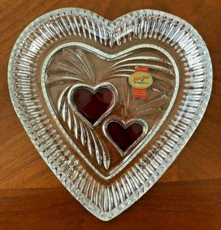 Vtg Anna Hutte Bleikristall Lead Crystal Heart Dish Red Candy Jewelry Trinket