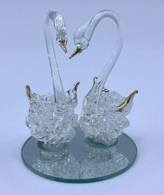 Spun / Blown Glass Swans On A Mirror - Love