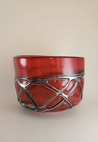 Red Mdina Art Glass Bowl Signed And Dated 02 With Iridescent Green Blue Gold