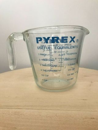 Vintage Pyrex Blue Writing 2 - Cups 516 - O Glass Measuring Cup Open L Handle