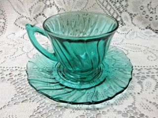 Vintage Jeannette Ultramarine Petal Swirl Teal Depression Glass Cup And Saucer