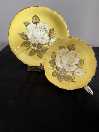 Paragon Yellow Tea Cup & Saucer White Large Cabbage Rose