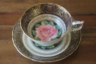 Paragon Large Pink Floating Rose On Black Cobalt Gold Teacup Tea Cup Saucer