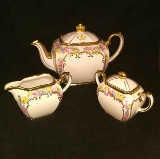 Vintage Sadler Cube Teapot Creamer & Sugar Set Pink & Gold Gilt Sadler 2031 Set