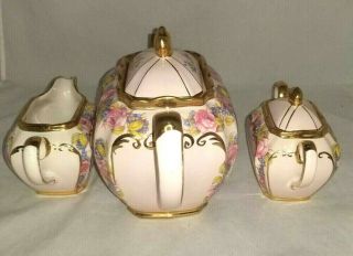 Vintage Sadler Cube Teapot Creamer & Sugar Set Pink & Gold Gilt Sadler 2031 Set 3