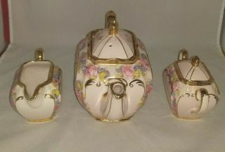 Vintage Sadler Cube Teapot Creamer & Sugar Set Pink & Gold Gilt Sadler 2031 Set 6