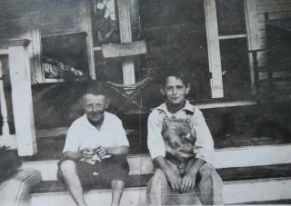 Boys On Porch Steps Antique Photo Vtg Early 1900s Overalls Rascals