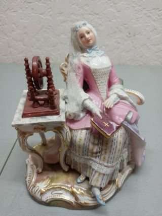 Rare 18th C Meissen Seated Lady Holding Bible W/ Spinning Wheel Veil Has Damage