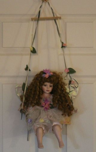 16” Porcelain Doll Cathay 1 - 5000 Angel/fairy With Wings Red Curly Hair On Swing