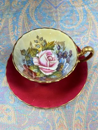 Stunning Aynsley Cherry Red Teacup & Saucer Cabbage Rose Signed J A Bailey