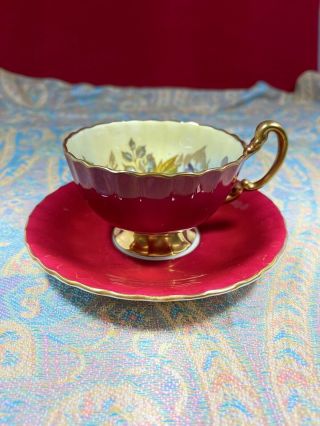 STUNNING AYNSLEY CHERRY RED TEACUP & SAUCER CABBAGE ROSE SIGNED J A BAILEY 2
